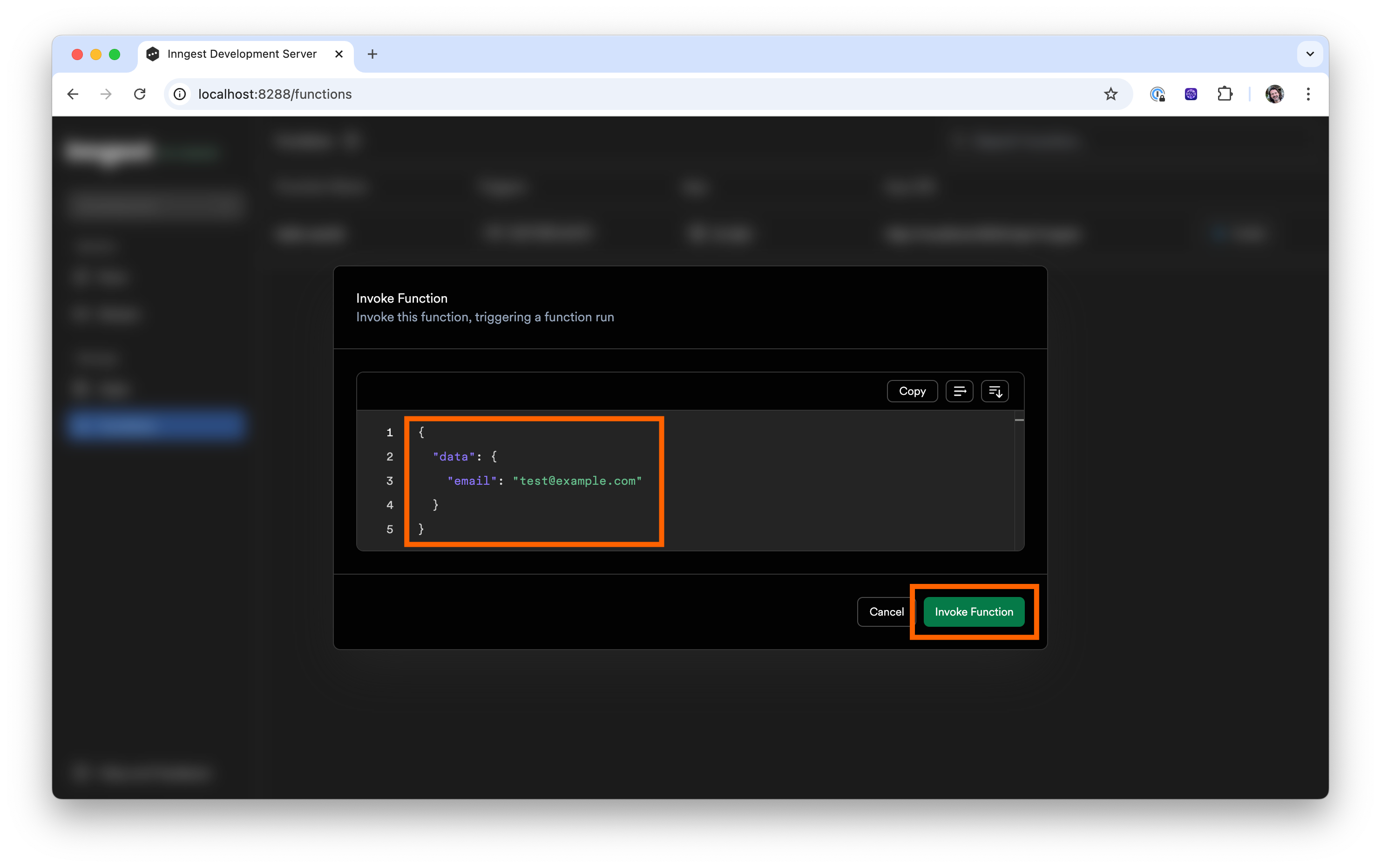 Inngest Dev Server web interface's invoke modal with payload editor and invoke submit button highlighted